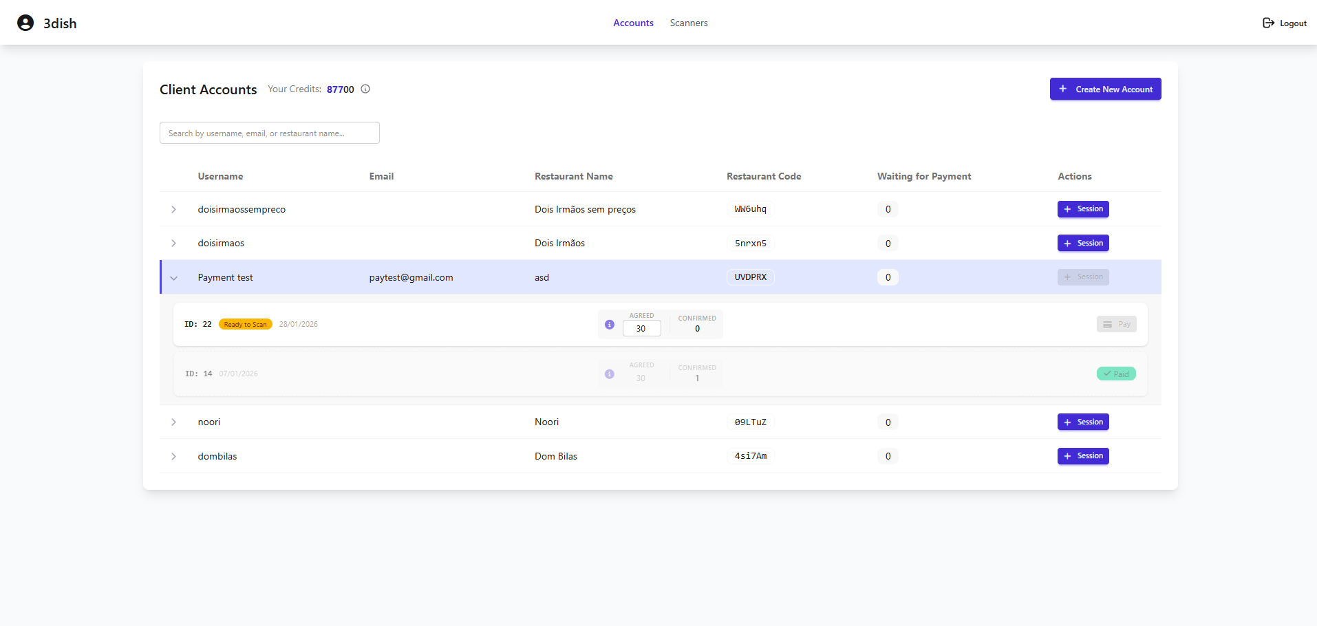 3dish partner account dashboard for managing restaurant clients, 3D food photography sessions, and API integrations